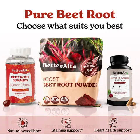 BetterAlt Nitric Oxide Beet Root | Choose from Capsules, Gummies & Powder | Natural antioxidant, Vitamin C, Vitamin A | Blood Circulation, Immunity