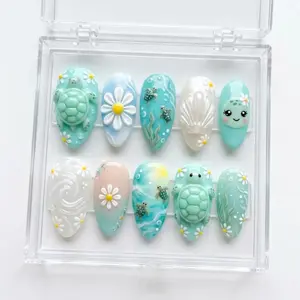 Sea Turtle Press On Nails, 3D Ocean Nail Set, Beach Summer Nails, Daisy Floral Nails, Coastal Vacation Press On Nails