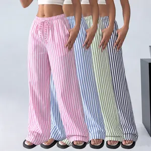 4-Pack Fresh Candy Color Striped Casual Pants — Relaxed Vacation Style, Elastic Waist, Slimming, Versatile Straight Wide-Leg Long Pants