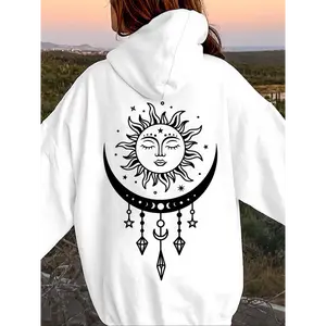 Women's Sun & Moon Print Drop  Hoodie, Fashion Casual Drawstring Pocket Hooded Sweatshirt for Daily Holiday Outdoor Wear, Women's Clothing for Fall & Winter