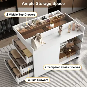 [SOIYELIFE] 43.3" Multi-functional Storage Island Movable Storage Cabinet Island Vanity Dresser with 3 Side Storage Drawer, a Reversible Top Storage Space and Two Glass Display Shelves, White  Cool furniture