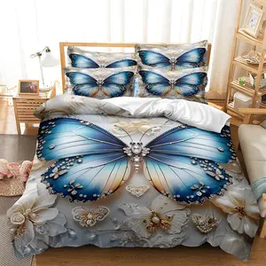 3-Piece Set Floral Butterfly Pattern (1 Fitted Sheet + 2 Pillowcases), Polyester Fiber 90g, Universal Fit, No Core, Decorative Bedsheet Sets