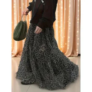 Elegant Women's Long Skirt with Elastic Waist,  Leopard Print Ruffle, Casual Versatile Mesh Patchwork, and Lining - Summer Solstice