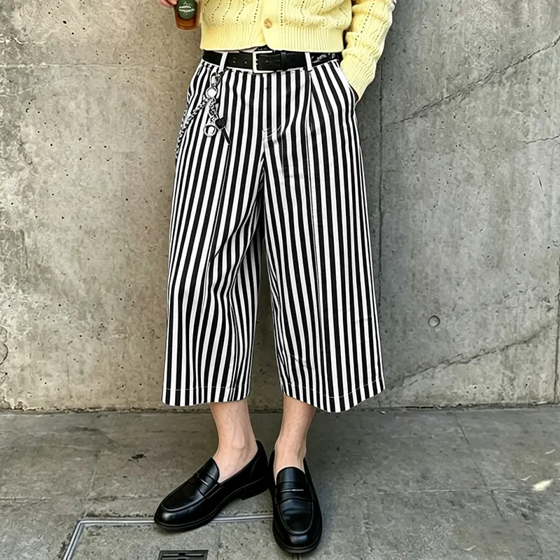 INCERUN Men's Clean Fit Striped Three-Quarter Pants Vintage 90s Wide Leg Capris Culottes