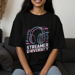 Unisex 100% Cotton Printed Craft Short Sleeve Tee, Soft Breathable Relaxed Fit Crew Neck Top, Neon Glitch Headphone Streamer University Graphic Daily Gaming Stream Wear, Universal Summer Outfits, Content Creator Leisure Shirt, SummerVibes