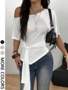 Women's Solid Colors Asymmetrical Off-Shoulder T-Shirt, Short Dolman Sleeves, Self-Tie Waist Sash, Asymmetrical Hem, Soft Breathable Knit Fabric, Casual Daily & Street Style Wear, Edgy Minimalist Style  1 Piece