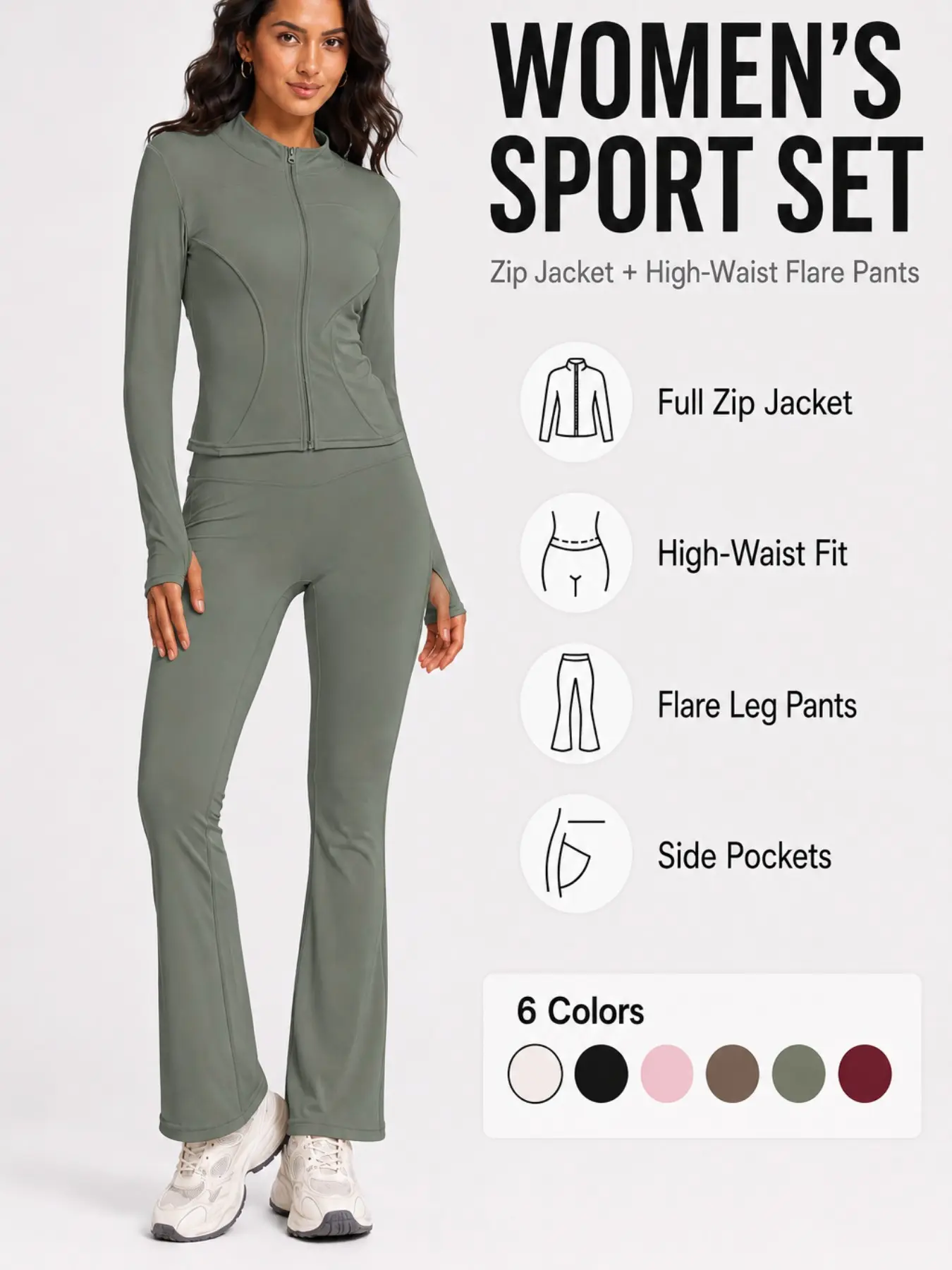 Women's Sport Set 2 Piece Outfits, Slim Fit High Stretch Activewear Athletic Clothing Set Running Zip Up Jacket and High Waist Flared Yoga Pants Tracksuit with Pockets Sportswear Set