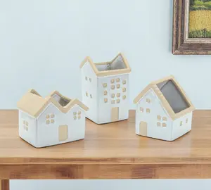 HomeRoots Porcelain House Trio Pot Planters - Set of 3, White & Natural, Distressed, Indoor Covered Garden Planters