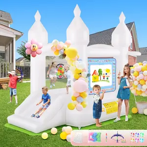 Whubefy White Bounce House for Kids 4-10, 102 x 70 x 97 Inflatable Bouncy Castle with Balloons, Magical Water Canvas, Dart Target Balls, Bar Dart Set, Basketball, Jumping Play House for Birthday Party/Wedding Decoration ,Christmas Gifts
