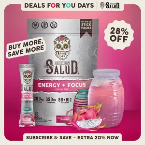 Salud 2-in-1 [Energy + Focus – Pitaya | Dragon Fruit] Clean Energy Drink Mix, Agua Fresca, Organic Caffeine (200mg), L-Theanine (350mg), L-Tyrosine, Vegan, Non-GMO, Gluten Free, Low Calorie, 1g Sugar (15 Servings), Deals For You Days