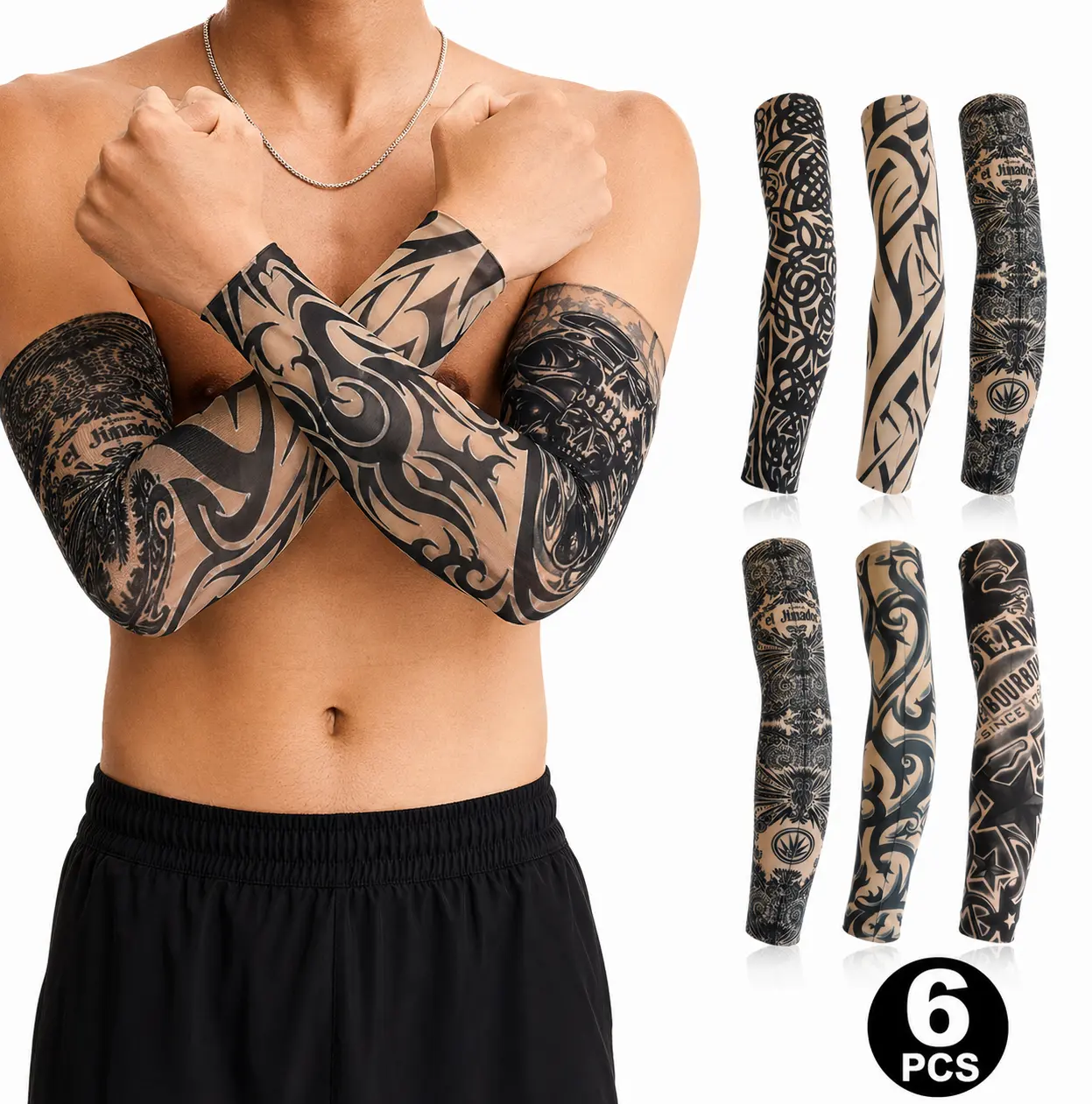 6 Pcs Tattoo Arm Sleeves UV Protection Cooling Breathable Stretch Fake Tattoo Sleeves for Men Women Outdoor Cycling Running Fishing Basketball Golf Driving Sun Protection