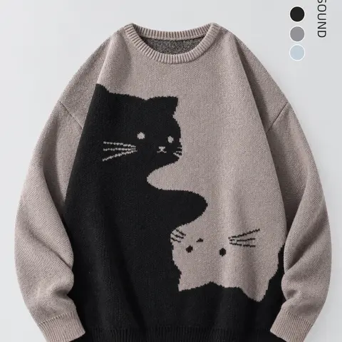 sohochic Women's Long-Sleeve Crew Neck Knit Jumper - Polyester Jacquard Cartoon Cat Print Fit Tops, Everyday Round Neck Piece for Autumn Winter Casual Wear