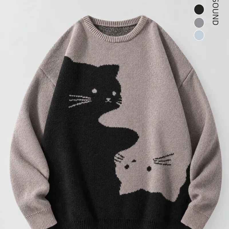 sohochic Women's Long-Sleeve Crew Neck Knit Jumper - Polyester Jacquard Cartoon Cat Print Fit Tops, Everyday Round Neck Piece for Autumn Winter Casual Wear