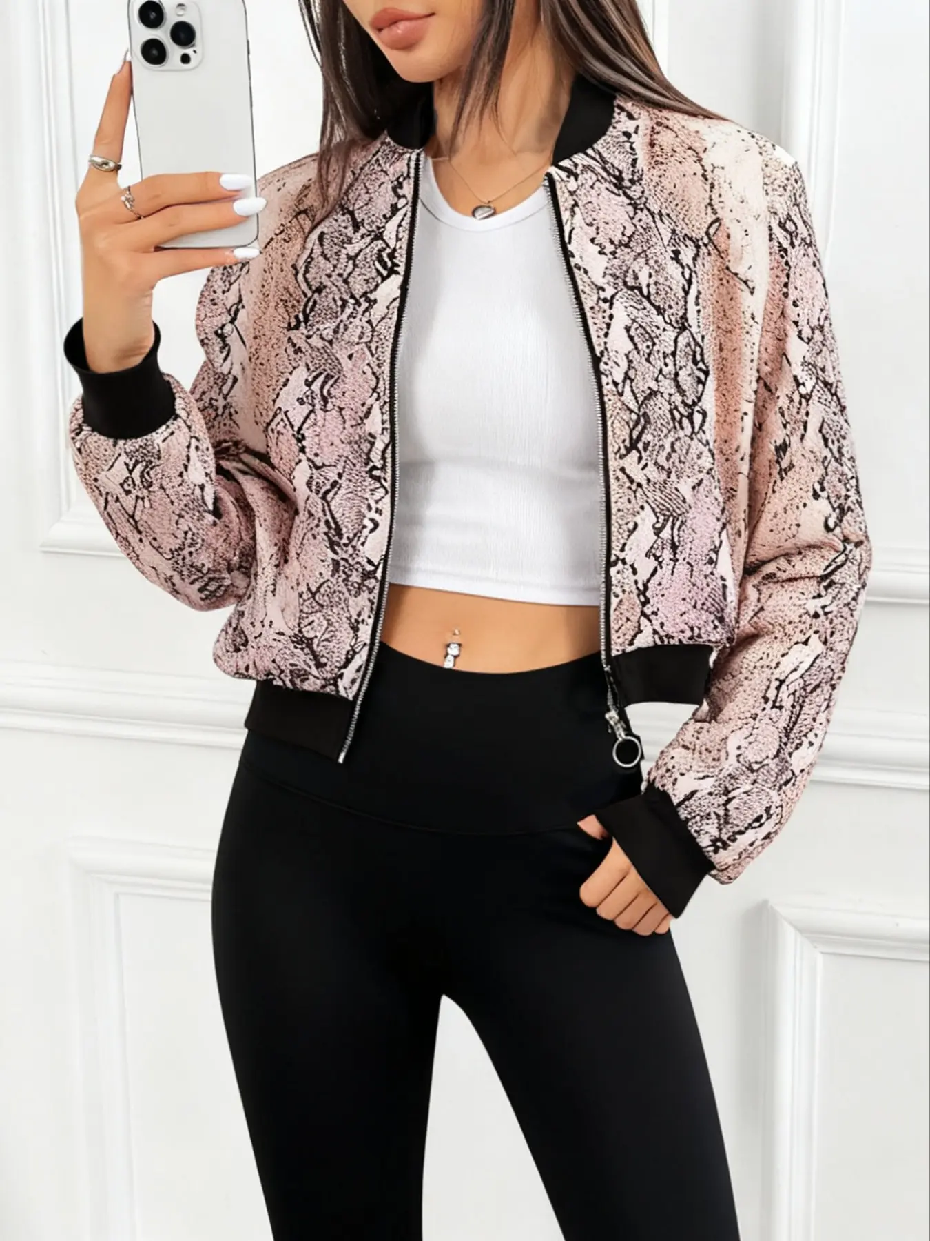Women's Fall Winter Sports Windproof Baseball Jacket, Zipper Pilot Coat, Snakeskin Print, Side Pockets, Fashion Lightweight Outerwear