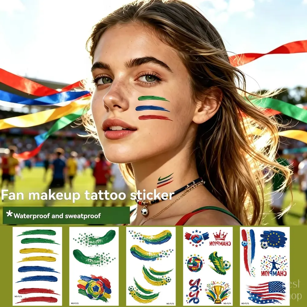 Soccer Flag Temporary Tattoos 5-Pack, Oil Painting Style for Kids, Adults & Girls, Waterproof and Skin-Friendly Sports Party Gift for 2026 Match Day, Style 1(5Pcs）, Flag Shape, Long-Lasting, Plant-Based, All Skin Types, Tattoo Sticker, Set Pack, 3 X 4.72,