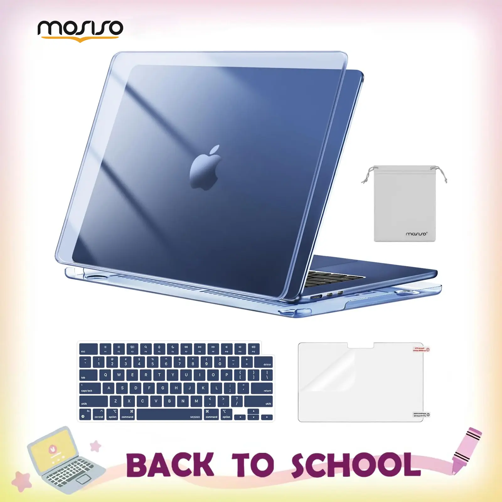 MOSISO Exact Match Polycarbonate Hard-Shell Case Bundle for MacBook Air 15in M5 2026 M4 2025 M3 M2 2024 2023 (A3448,A3241,A3114,A2941) - Water-Resistant, Scratch-Resistant, Flexible - Includes Keyboard Cover, Screen Film, Storage Bag - for School, Office