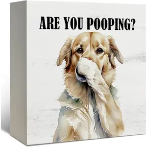 Golden Retriever Bathroom Decor, Funny Golden Retriever Wooden Box Sign, Are You Pooping Dog Wood Signs for Bathroom Toilet Restroom Counter Shelf Wall Decoration 5x5 Inch