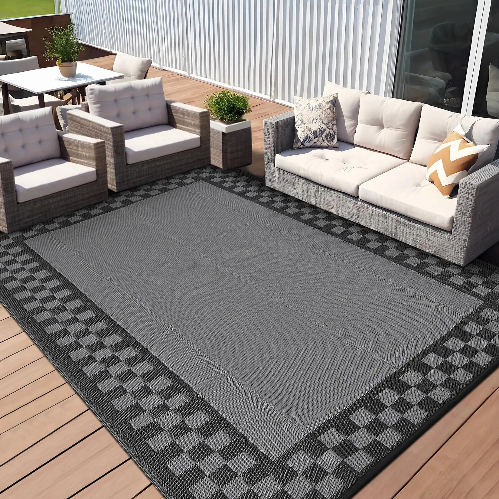 Outdoor Rug 9x12 Waterproof Reversible Patio Rug Modern Geometric Outdoor Carpet, Fade-Proof & Weather Resistant Minimalist RV Picnic Camping Mat for Garden Backyard Balcony,Gray & Black