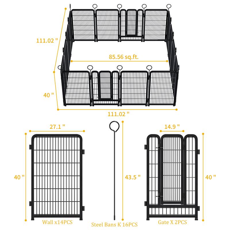 Grovebloom 40-inch 16-Panel Dog Playpen Heavy-Duty Metal Pet Fence for RV Camping Yard Garden Secure Exercise Space Large Polygon Enclosure Easy Assembly