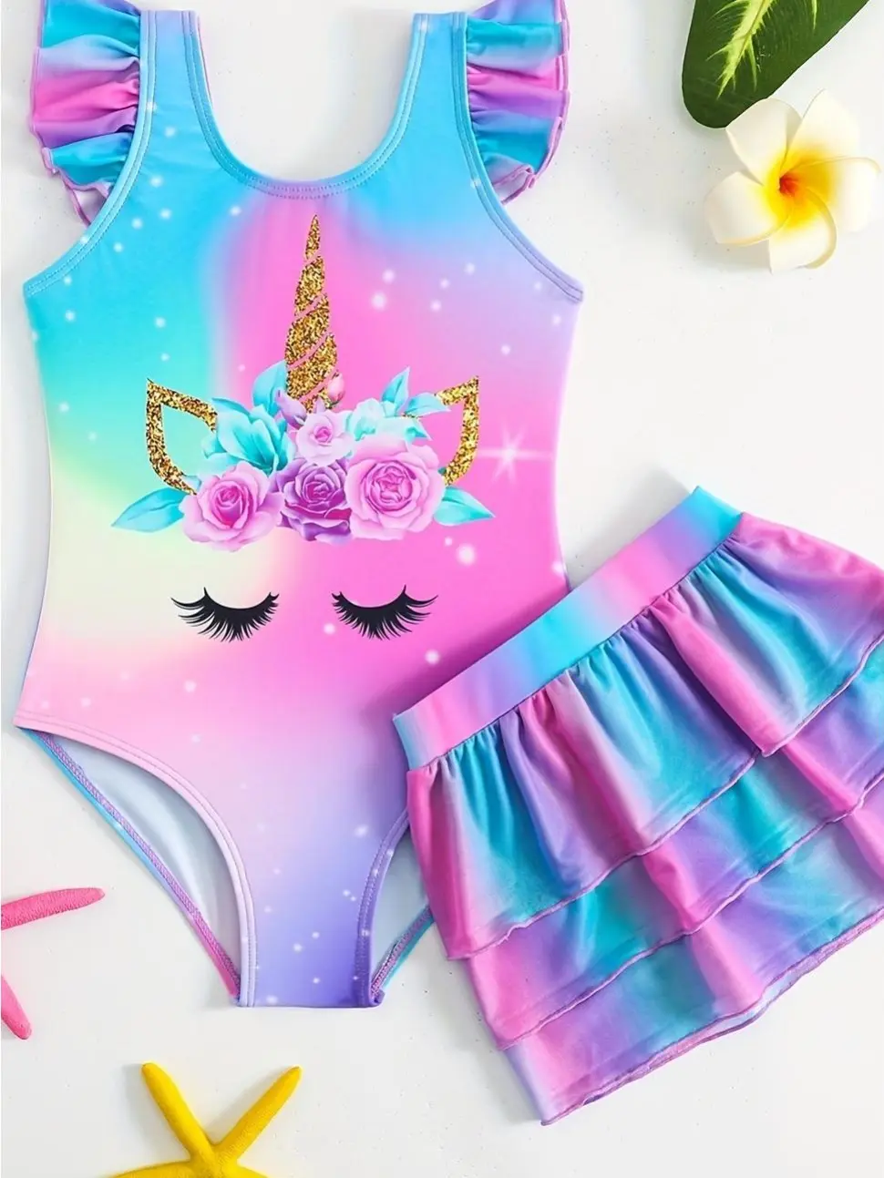Unicorn 1-Piece Swimsuit for Infant and Toddler Girls', Polyester Animals Print with Ruffled Shoulders, Gradient Mesh Skirt & Glitter Horn, Whimsical, Swim Skirt, Unicorn Charm, Mesh Swim Skirt