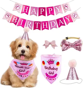 Dog Birthday Party Supplies Bandana Hat Banner Set Boy Girl Cute Bow Tie Scarf Birthday Decorations (Pink，Dog Girl) GAGILAND