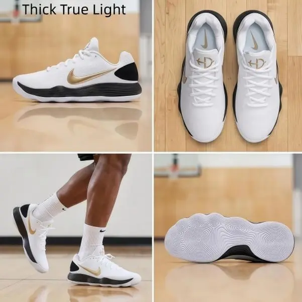 Unisex Thick True Light Low Cut Basketball Sneakers, Breathable Perforated Upper Sports Shoes, Shock Absorbing Cushion Anti-slip Rubber Outsole for Indoor Basketball Games, Court Training, Daily Fitness and Casual Street Wear