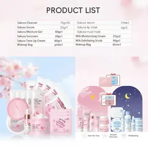 Sakura & Milk Skincare Bundle, Including 16pcs Sakura Kit and 1 Set Sakura & Milk Skincare Moisturizing Kit with Cleanser, Serum, Creams, Eye Mask, Scrub, Sun Care, and Makeup Bag