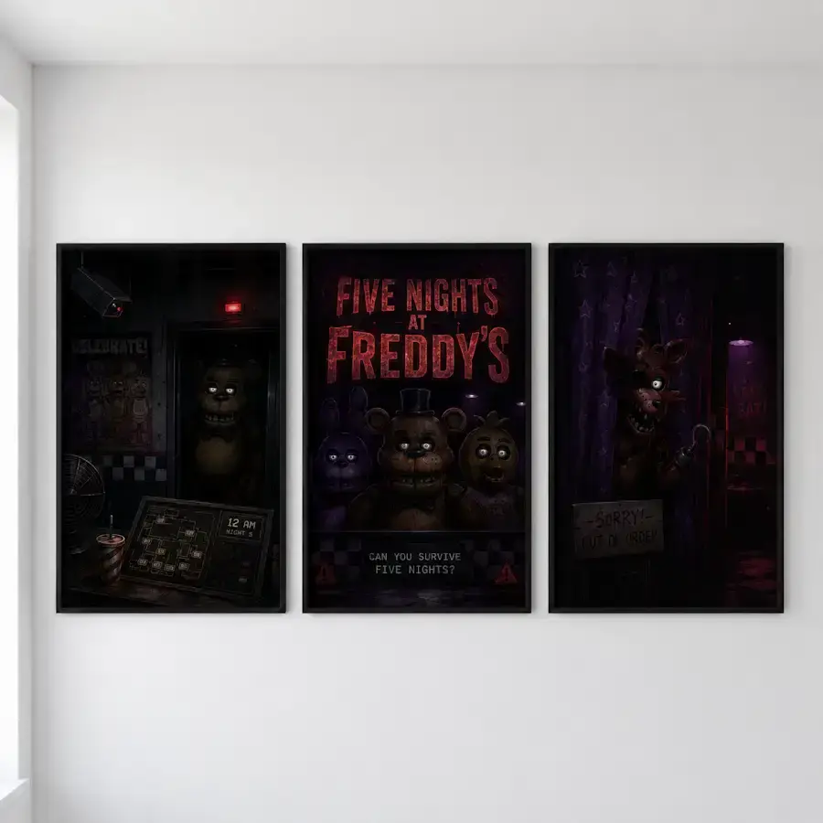 Five Nights at Freddys FNAF 3 Piece Wall Art Set, Horror Gaming Room Decor, 3 Panel Freddy Fazbear Poster Prints for Gamer Bedroom
