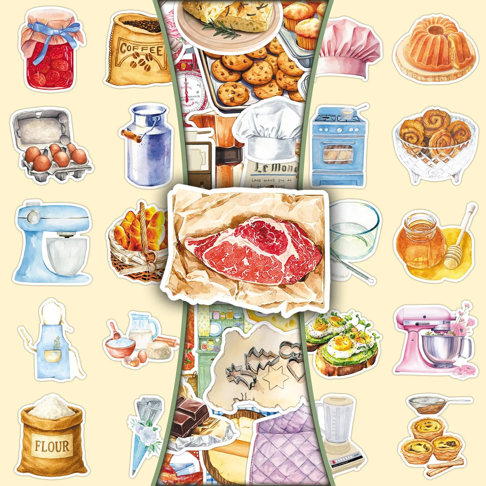 50 Sheets of Baking Time Cute Cartoon Dessert Personal Creative Decoration Decorative Stickers DIY Scrapbook Water Cup Material Stickers Sticker Paper