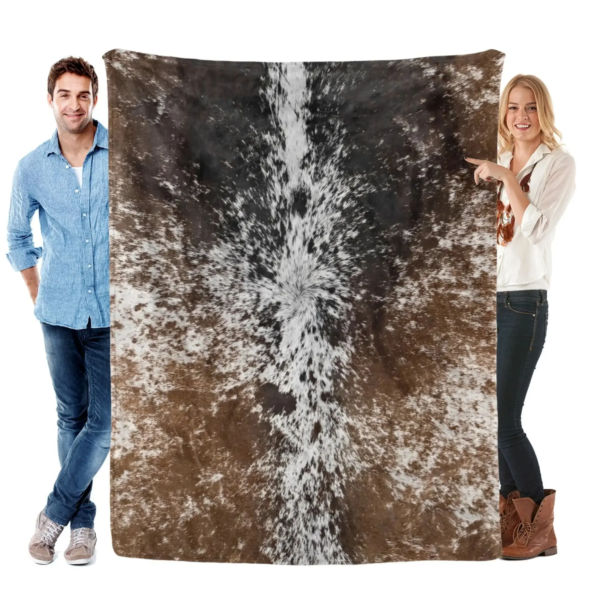Cowhide Print Flannel Blanket, Brown White Western Soft Cozy Throw Blanket, Rustic Farmhouse Decor for Couch Bed Bedroom, Country Style Blanket