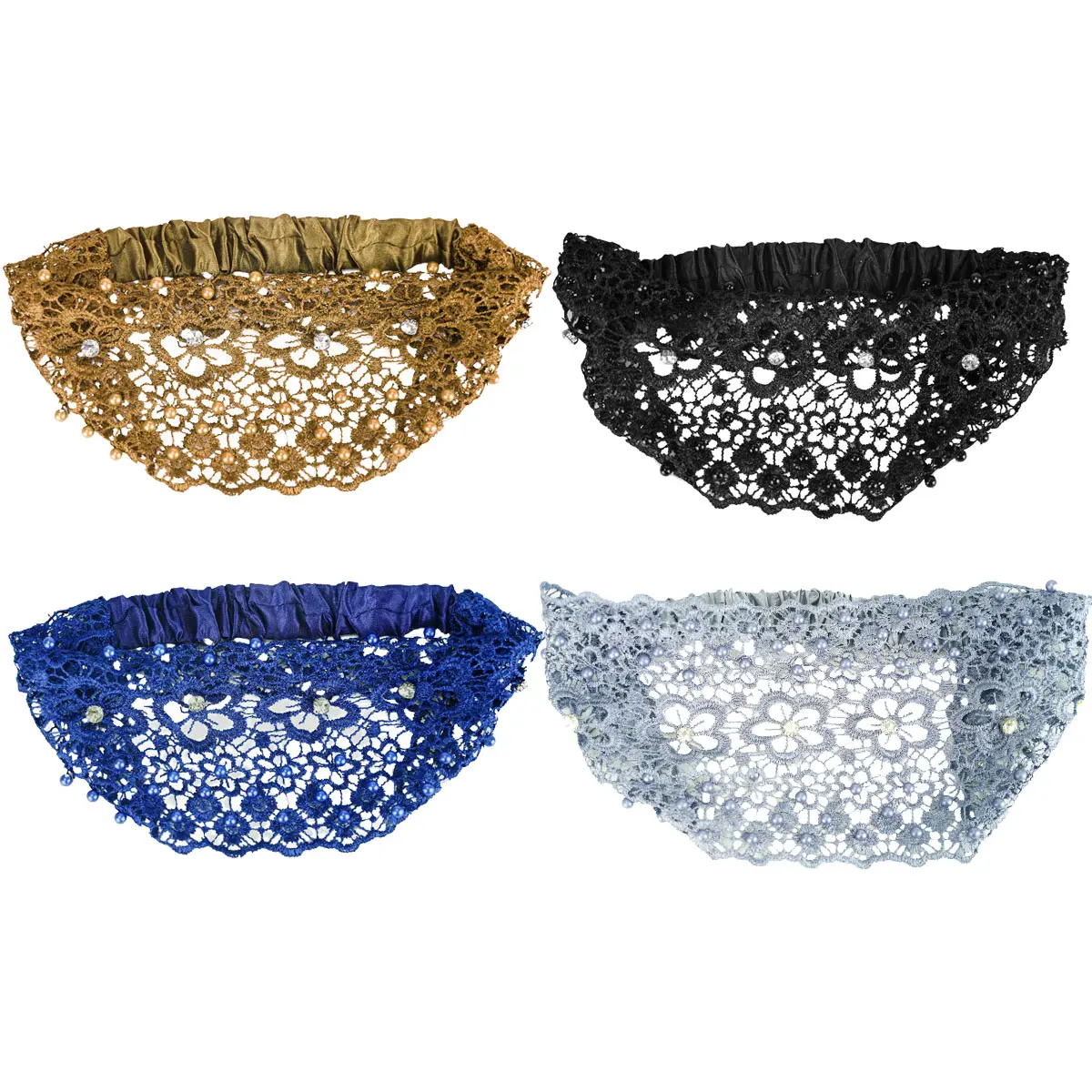 Women's 4-Pack Wide Lace Headbands - Female Boho Hair Accessories with Glamorous Crystal & Pearl Embellishments, Bling Hair Fashion for Weddings, Floral Print Design