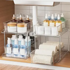 2 Pack 2 Tier Pull-out Clear Home Organizer with Dividers, Multipurpose Storage Container Bins for Bathroom Kitchen Closet Cabinet Vanity Counter