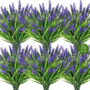 16 Bundles UV Resistant Artificial Outdoor Plants Fake Lavender & Monkey Grass Realistic Plastic Faux Greenery for Balcony Patio Porch Decor Planter Filler Purple
