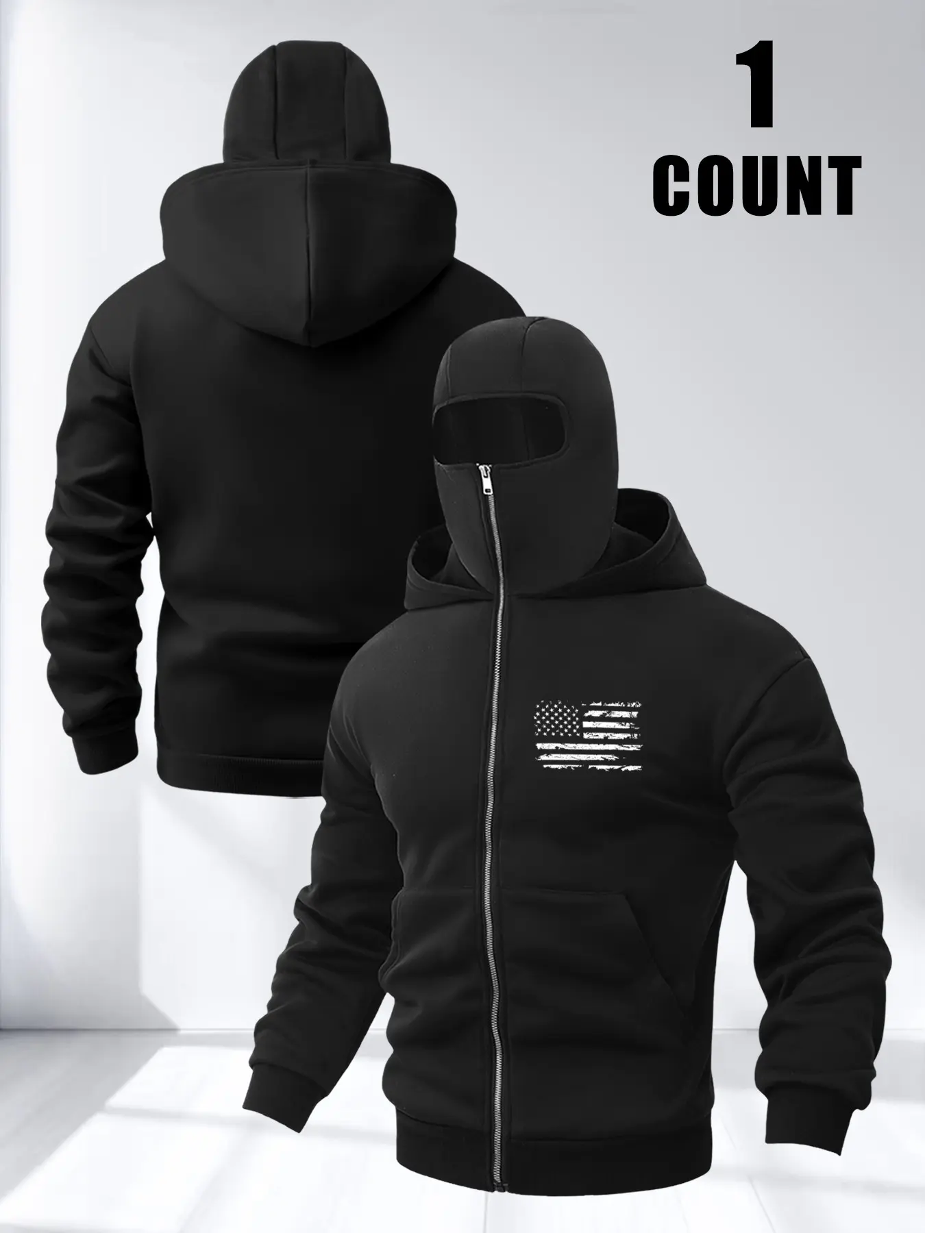 Men's Hooded Windproof Sweatshirt with Full Zip, Athletic Hoodie, Lightweight Jacket with Usa Flag Design, Pocketed Autumn & Winter Outdoor Sportswear