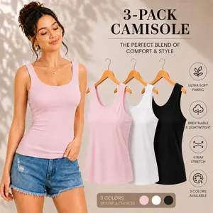 【3 Pack】Womens Camisole Tank Tops Scoop Neck Sleeveless Basic Layering Cami Shirts Soft Stretch Fitted Undershirts Casual Summer Tops for Yoga Lounge Workout Daily Wear White Black Pink 0XL-5XL Breathable Lightweight Seamless Comfort Multipack Essential