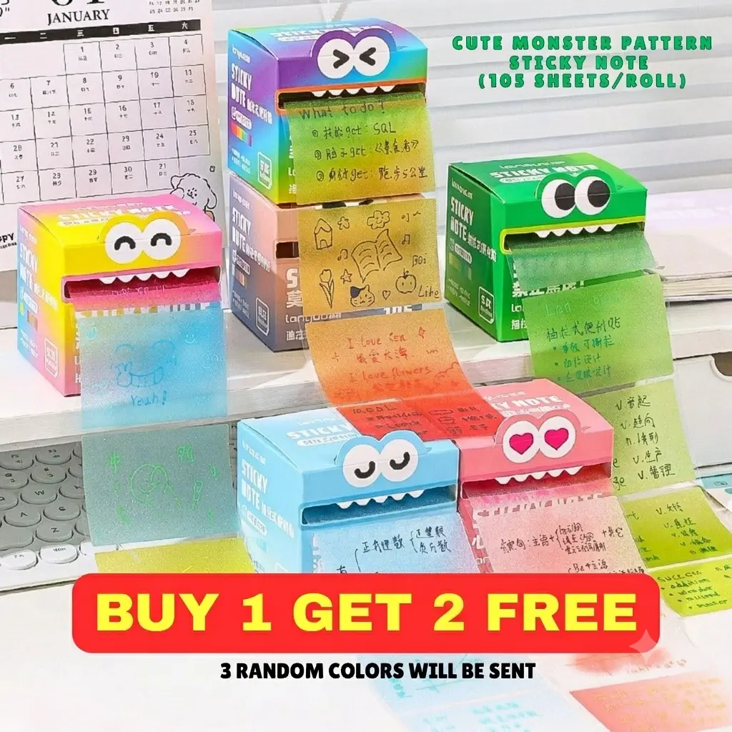 Mother's Day Gift 2026 2 PACK  DESIGN Cute Monster Pattern Sticky Note 105 Sheets Roll Funny Pastel Animal Post It Notes Self Adhesive Cartoon Memo Pads Vibrant Gradient Design Easy Memo Pads Buy 1 Get 1 Free 2 Colo-rs Will Be Send