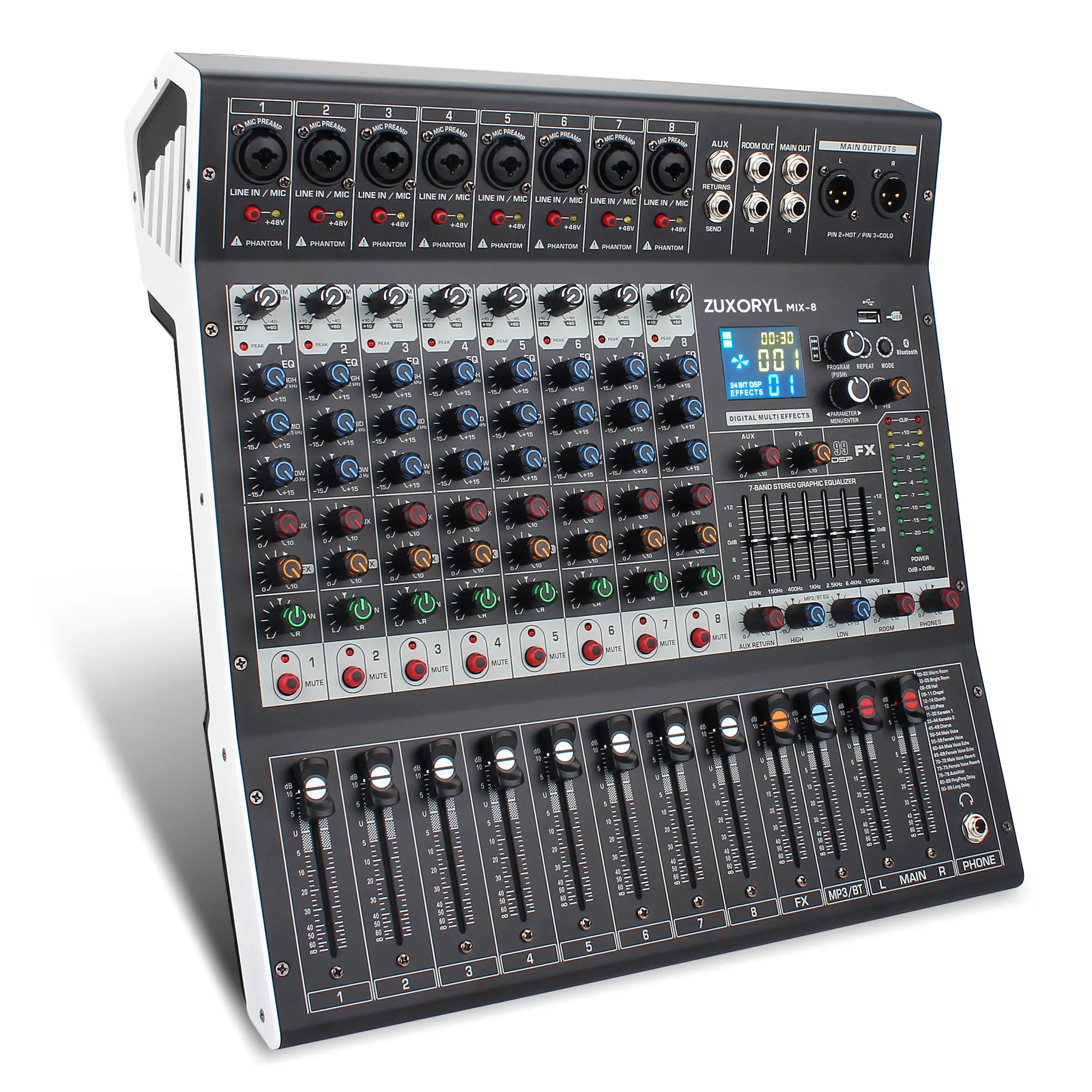 Professional 8-Channel Digital Audio Mixer Kit - Bluetooth/USB, XLR/RCA Ports, Individual Mute Switches, 99 DSP Reverbs, 48V Phantom Power, 7-Band EQ for Wedding, DJ Mixing, Live Stage Use (Suitable for Beginners)