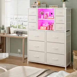RaybeeFurniture Tall Dresser with 12 Drawers Dresser for Bedroom, with Charging Station & LED Lights & Mesh Door, Fabric Dressers & Chests of Drawers, Wooden Top, Metal Frame