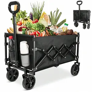 JieC Collapsible Folding Wagon, Big Bucket Beach Cart, Heavy Duty Large Capacity Garden Wagon With All-Terrain Wheels For Camping, Beach, Picnic, Shopping, Sports, And Grocery Transport, Black