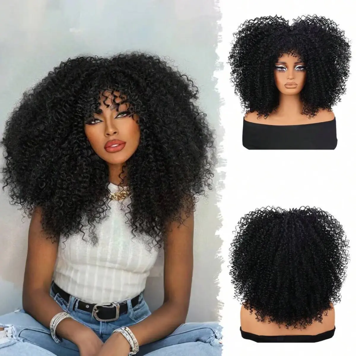 Curly Wigs For Women Afro Bomb Curly Wig With Bangs Synthetic Fiber Glueless Long Kinky Curly Hair Glueless Wear and Go Wig.