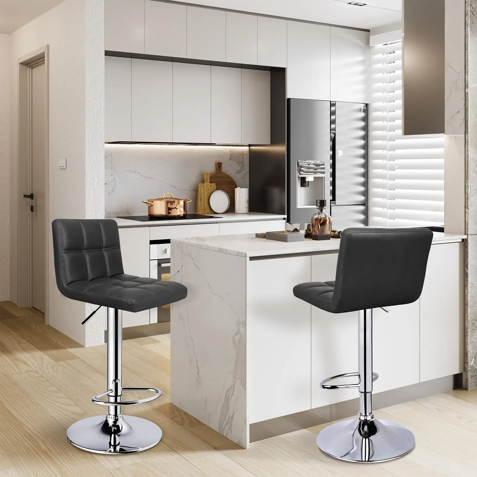 ERGOSEAT High-end Bar Stools, Set of 2, PU Leather Adjustable Swivel Bar Stool for Dining Room, Hydraulic Kitchen Counter Height BarStools