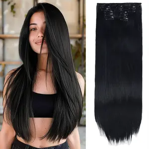 VOSILK Hair Extensions 6PCS Clip in Hair Extensions 24inch Long Straight hair extensions Natural Soft Synthetic Hairpieces for Women- Black
