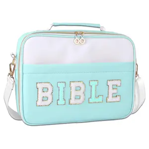 Bible Cover Case for Women,Large Leather Bible Carrying Cases Christian Gifts for Women Men Girls,Preppy Chenille Letter Bible Bag Bible Purse with Shoulder Strap