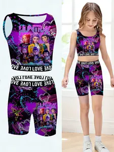 Girls Kpop Series Vest Shorts Set, Heart Graffiti Cartoon Print, Summer Yoga Shorts Two-Piece, Casual Street Style