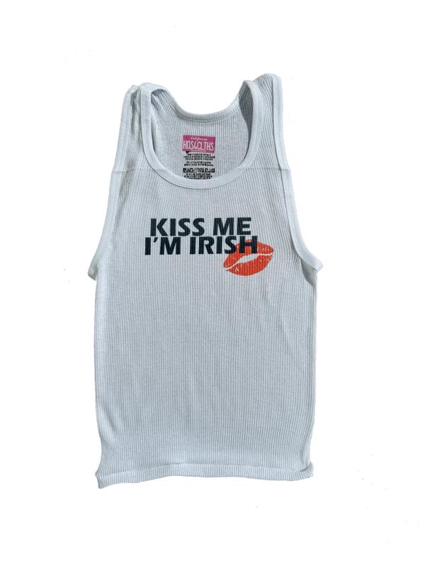 KISS ME IM IRISH Ribbed White Graphic Tank Top St Patrick's Day St Frattys St Paddys Clover Lucky Girl Printed Comfort Womenswear Cotton Casual Sleeveless