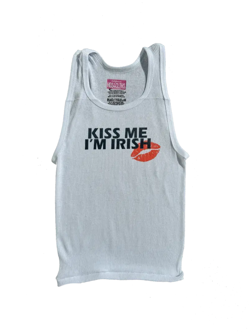 KISS ME IM IRISH Ribbed White Graphic Tank Top St Patrick's Day St Frattys St Paddys Clover Lucky Girl Printed Comfort Womenswear Cotton Casual Sleeveless