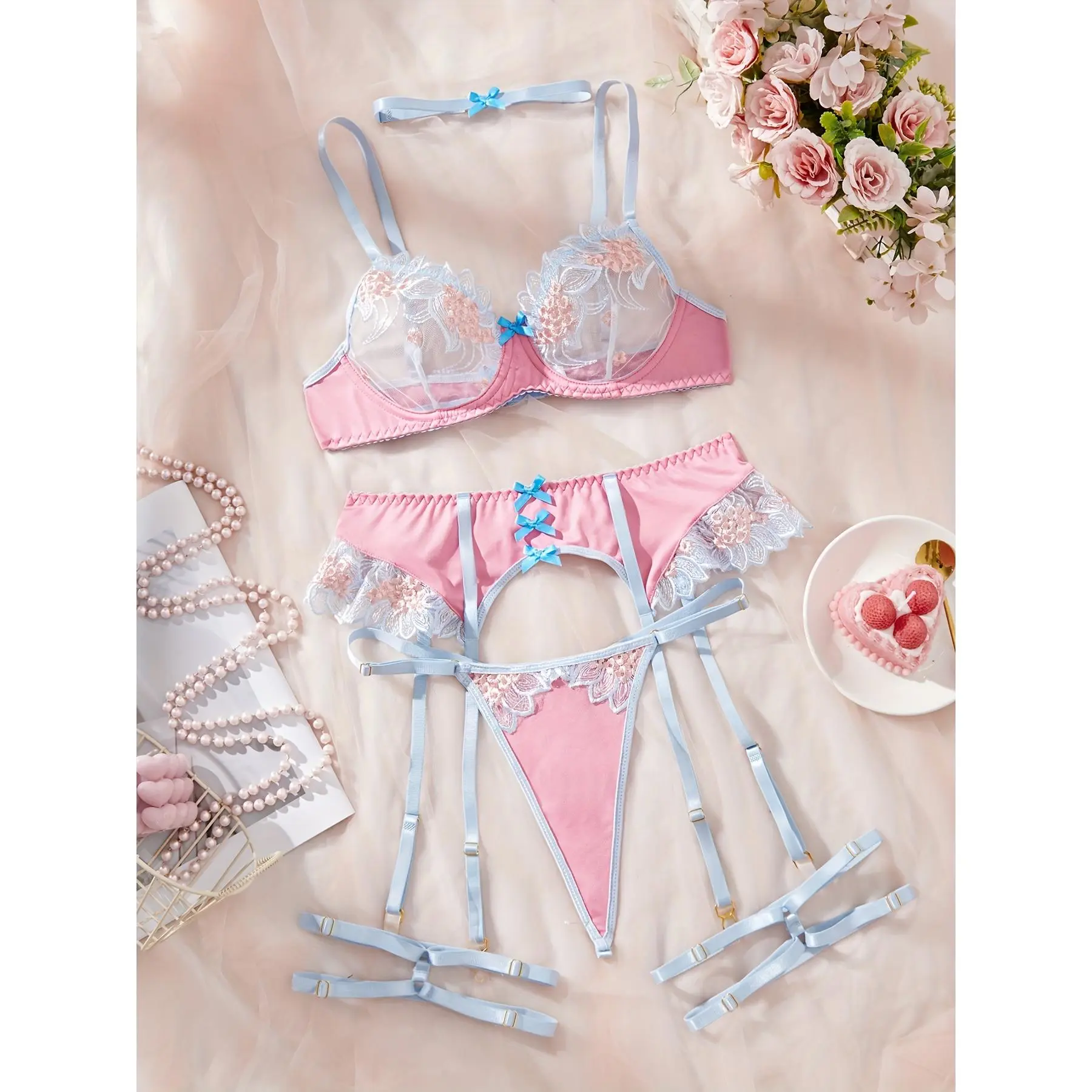 Women's Sexy Sheer Satin Tulle Lingerie Set - Floral Embroidery, V-Neck Backless Bra with Underwire - Perfect for a Romantic Night lace contrast - TikTok Shop Women's Sexy Sheer Satin Tulle Lingerie Set - Floral Embroidery, V-Neck Backless Bra with Underwire - Perfect for a Romantic Night lace contrast - TikTok Shop
