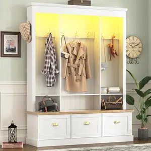 [Bellemave] Elegant APP Controlled LED Light Hall Tree with 9 Hooks, Roman Column Design Natural Storage Bench with 3 Large Cabinets, Farmhouse Entryway Organizer with Shelves for Hallway, White