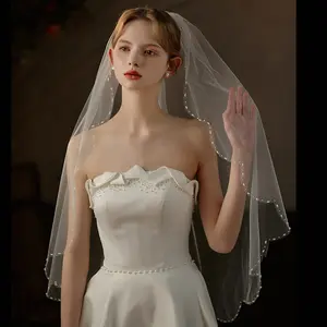 Short Bridal Veil with Pearl Trim - Soft Tulle Wedding Accessory - Elegant and Romantic Look - Perfect for Classic Brides