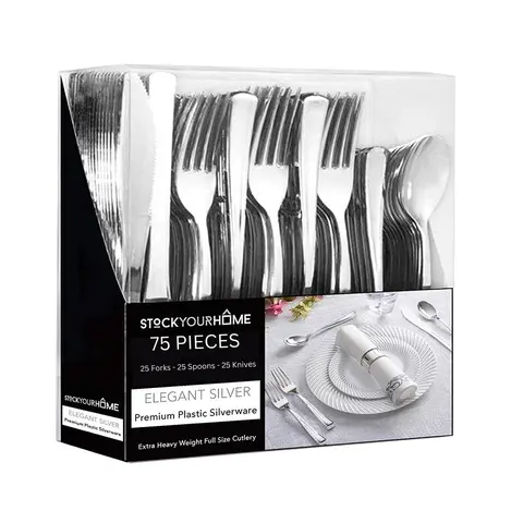 75 Pieces Heavy Duty (Silver) Plastic Silverware Set, Disposable Cutlery Set, Great for Parties, Weddings, and Catering, Flatware Utensils Included: 25 Forks, 25 Spoons, 25 Knives, Stock Your Home